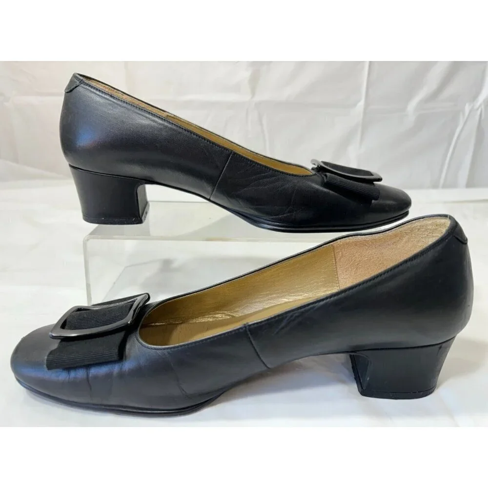 Yves Saint Laurent Black square bow Leather loafer Heels Buckle Size 5.5